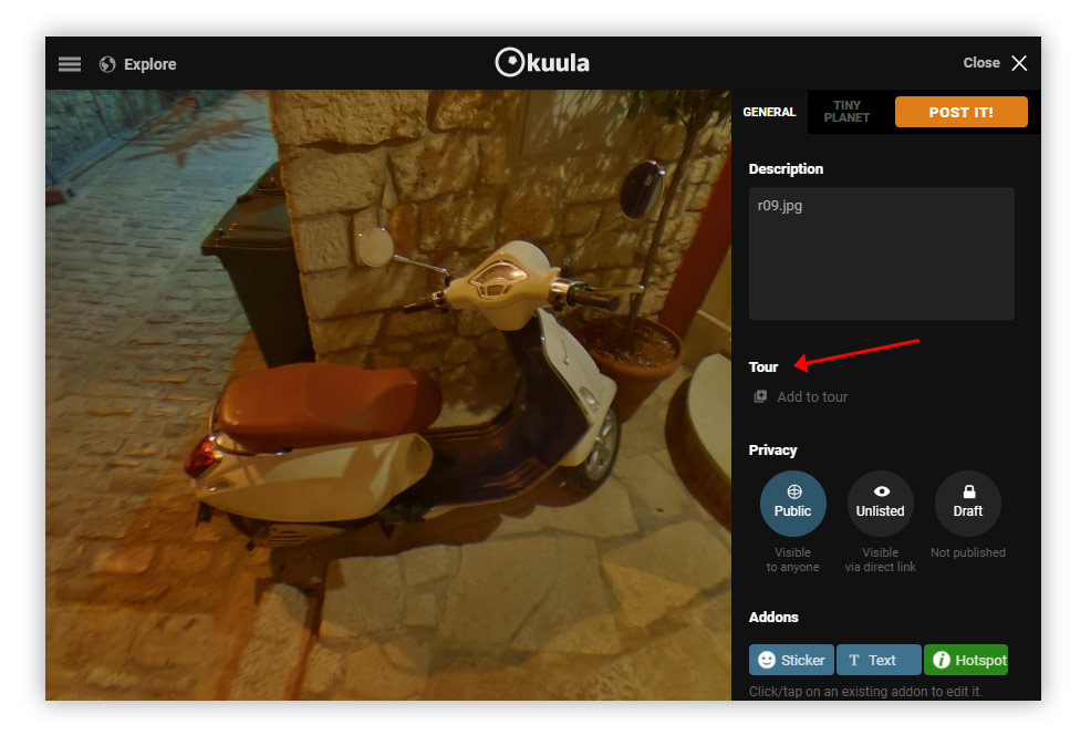 Kuula Virtual Tours - Add post to tour, option 1