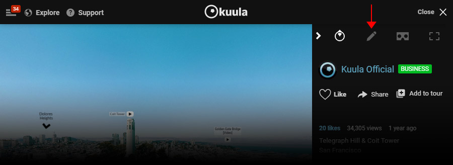 Kuula Virtual Tour Editor - edit button